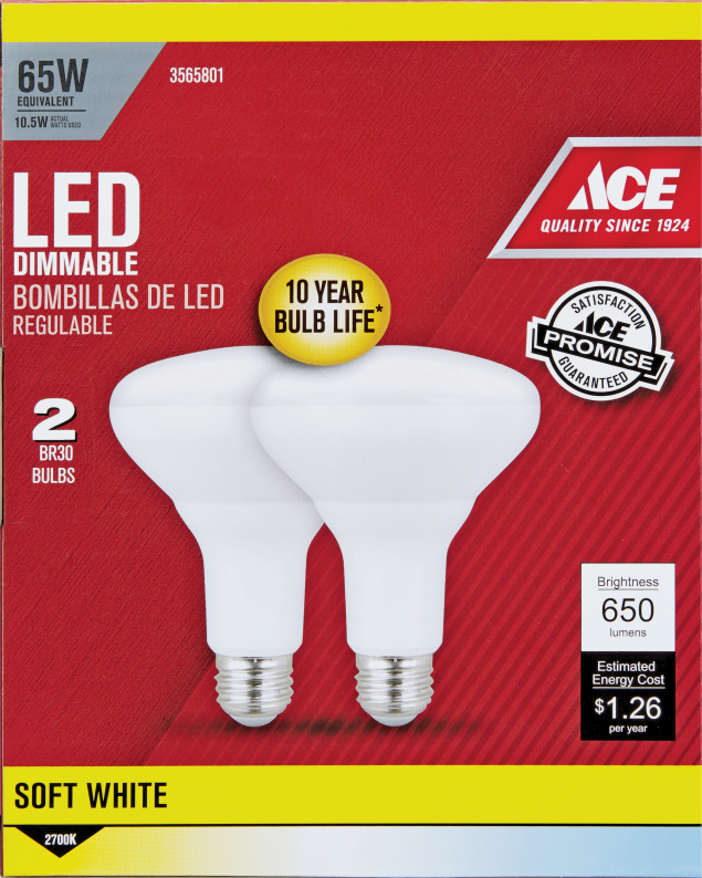 Ace LED Floodlight Bulb 2/Pk. 65 watt equivalent. Lasts 10+ years. Soft White or Daylight. 3565801, 3565819 product image.