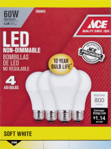 Ace LED Bulb 4/Pk 60 watt equivalent. Lasts 10 + years. Soft White or Daylight. 3565843, 3565884 product image.