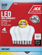Ace LED Bulb 4/Pk 60 watt equivalent. Lasts 10 + years. Soft White or Daylight. 3565843, 3565884 product image.